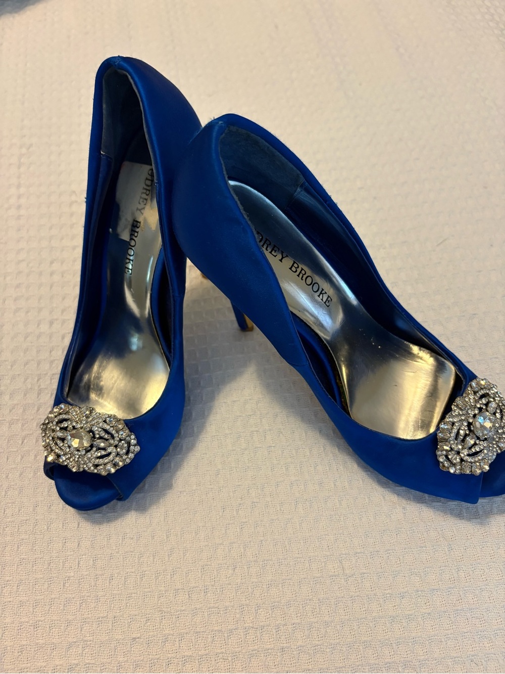 Audrey Brooke Cobalt Blue Satin Peep-Toe Heels with Crystal Embellishment